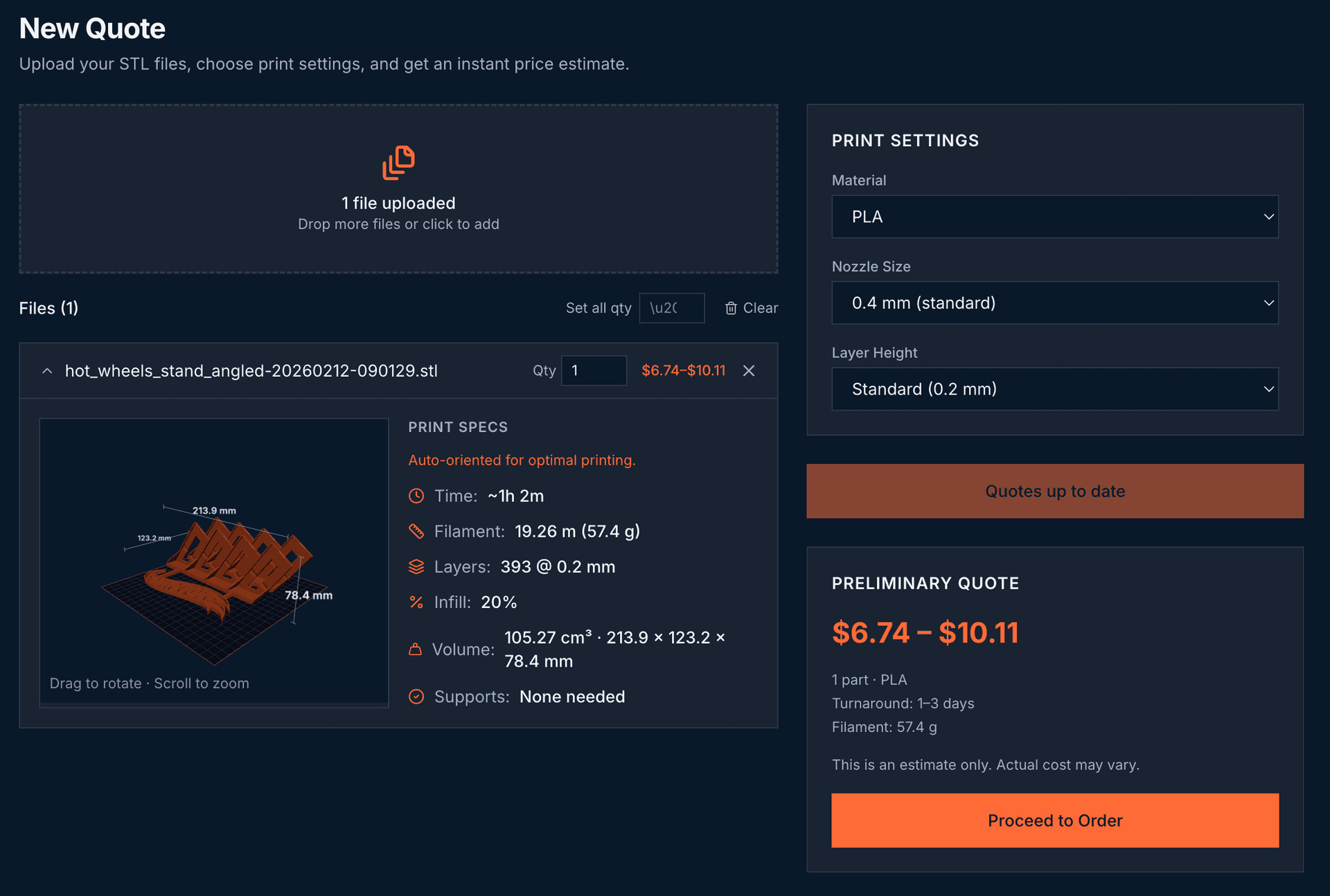 3D printing quote page — upload STL files, choose settings, get an instant price estimate